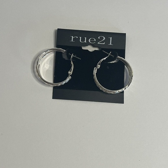 Silver Hoop Earrings by Rue 21 double hoop, silver colored, New, 1" round - Picture 2 of 5